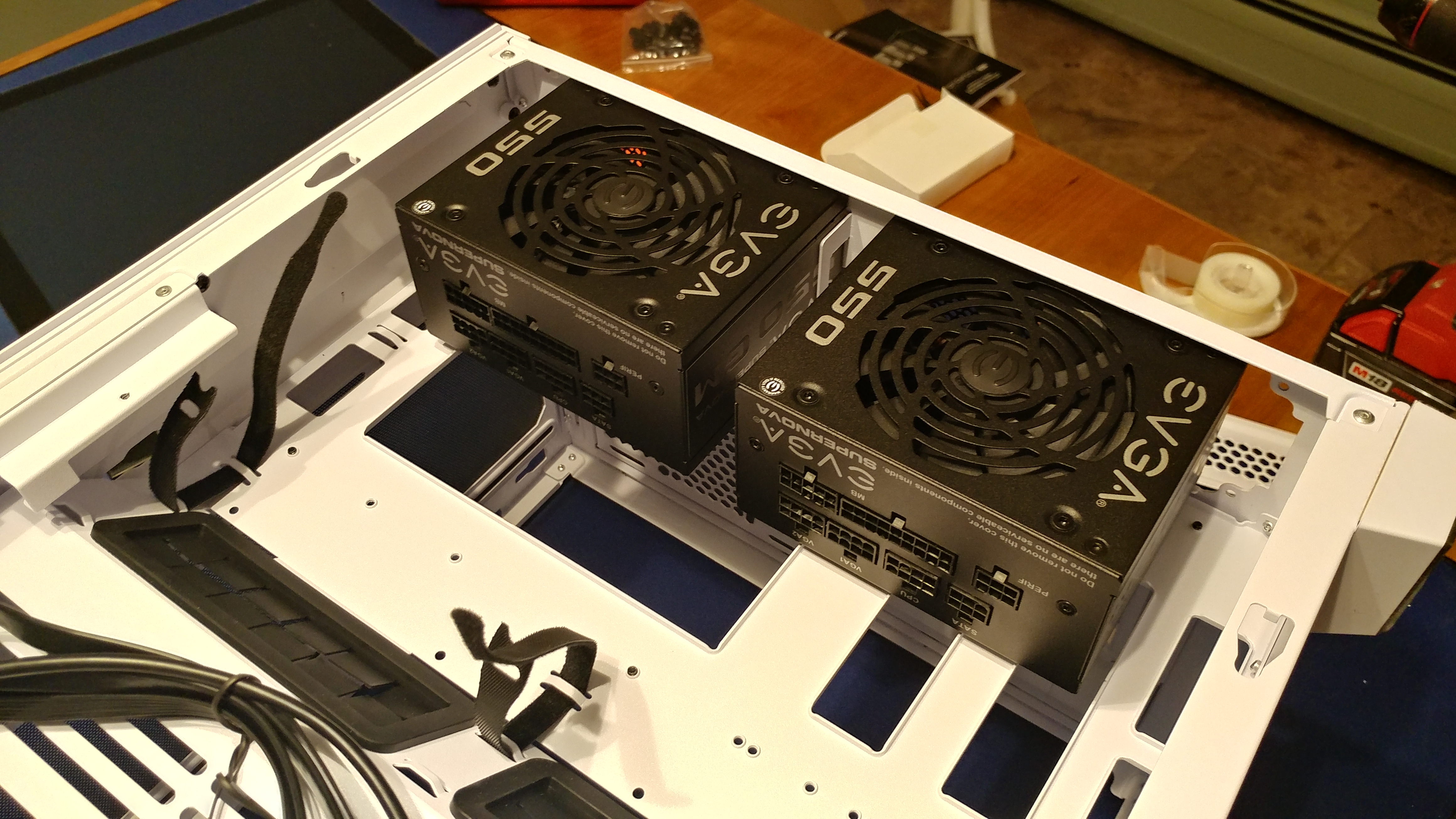 Losing the hard drive cage allows two SFX PSUs to be installed
